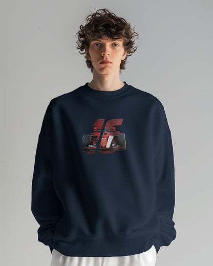male model wearing navy racing graphic sweatshirt with bold F1 car design – Aethic Apparels streetwear