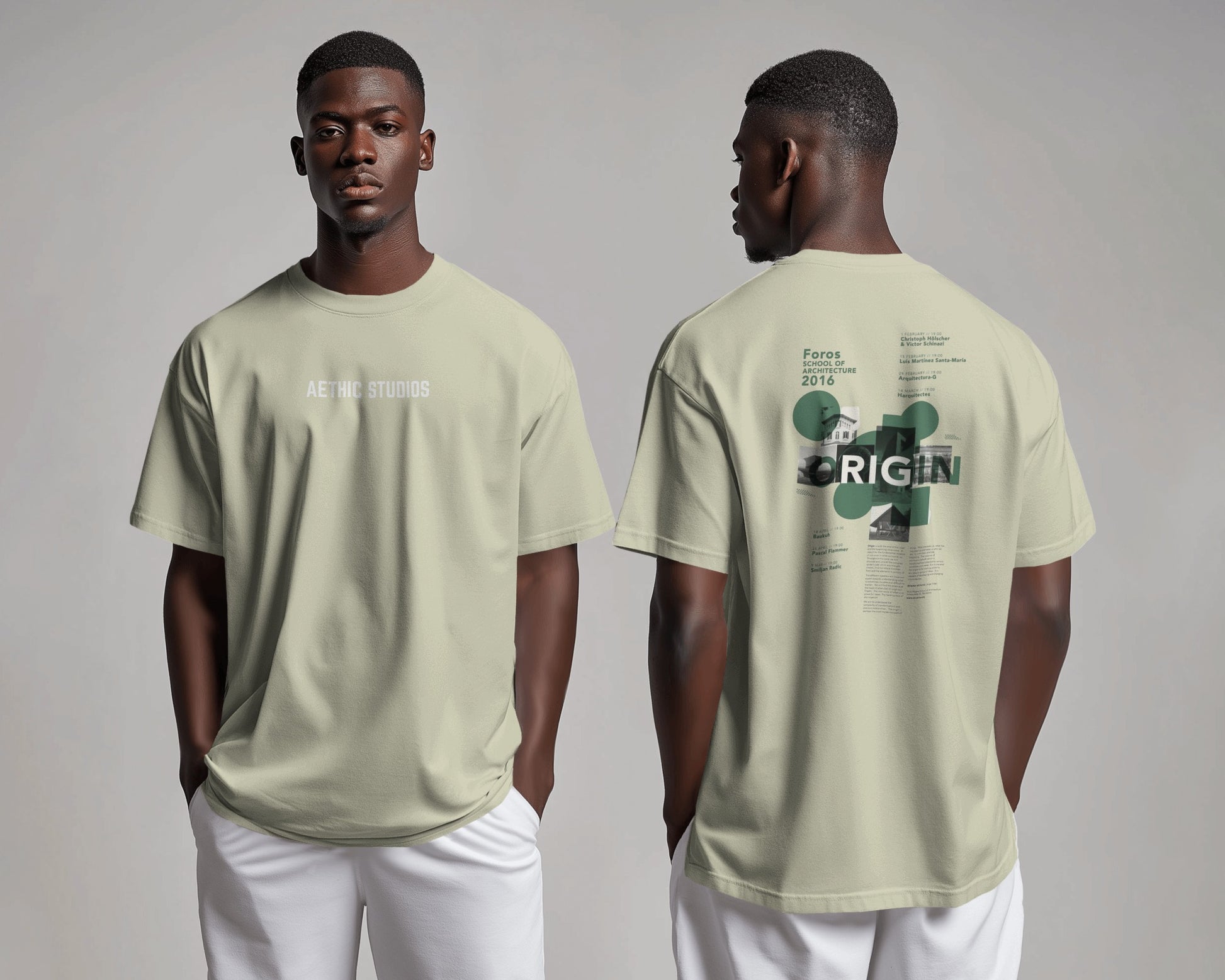 Man wearing off white t-shirt with text and graphics on a plain background