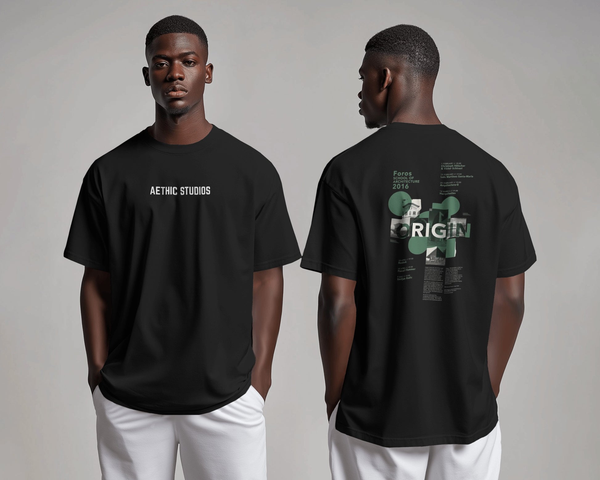 Person wearing a black t-shirt with 'Aethic Studios' on the front and graphics on the back, standing against a plain background.