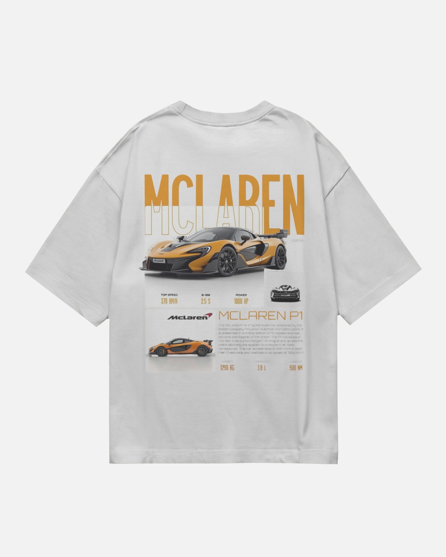 Colour_white t-shirt with McLaren logo and car graphics on a white background
