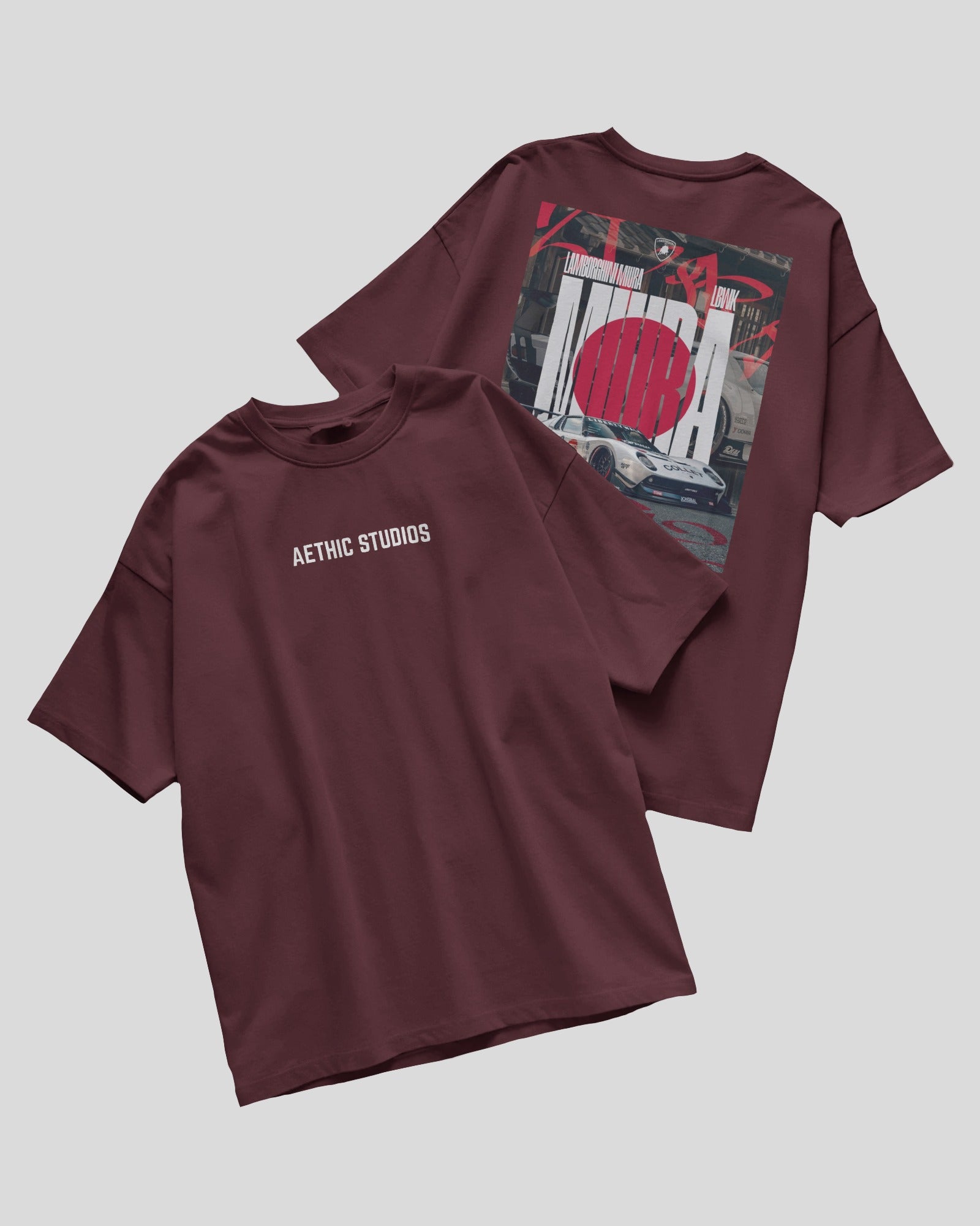 Maroon t-shirt with 'Aethic Studios' logo on front and graphic design on back against a light gray background