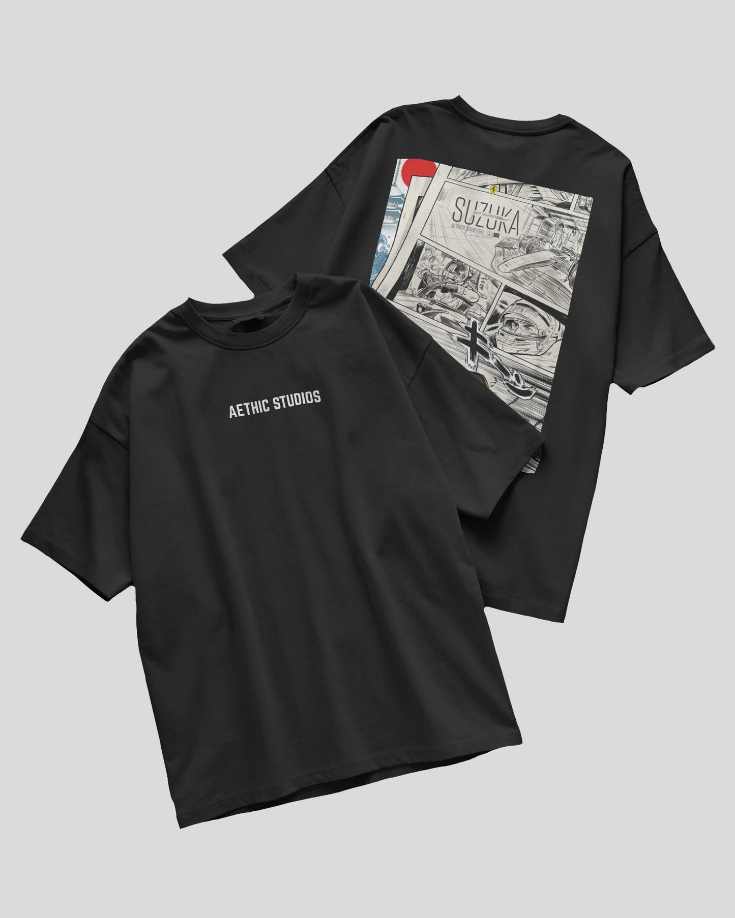 Black t-shirt with 'Aethic Studios' logo on front and comic book design on back, on a light gray background