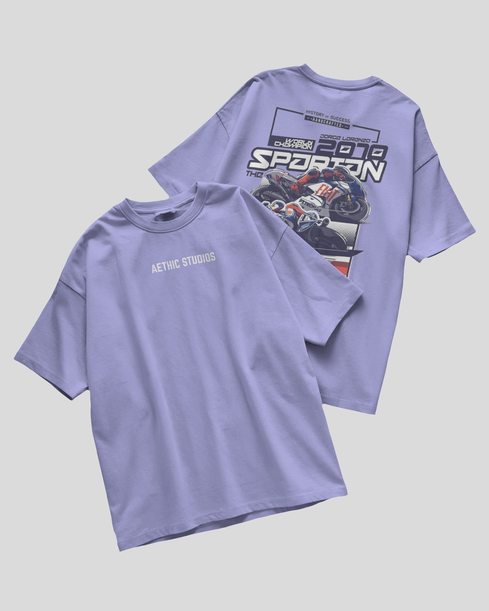 Oversized t-shirt with bold motorcycle racing graphic on the back