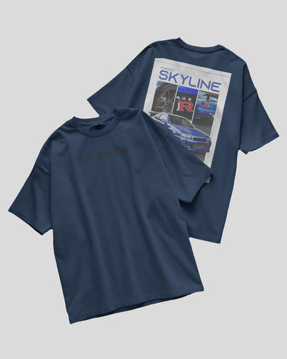 Navy blue t-shirt with a graphic design on the back on a light gray background