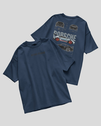 Navy blue t-shirt with Porsche car design on a light gray background