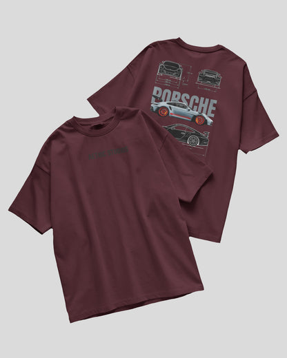 Maroon t-shirt with Porsche graphic on a light gray background