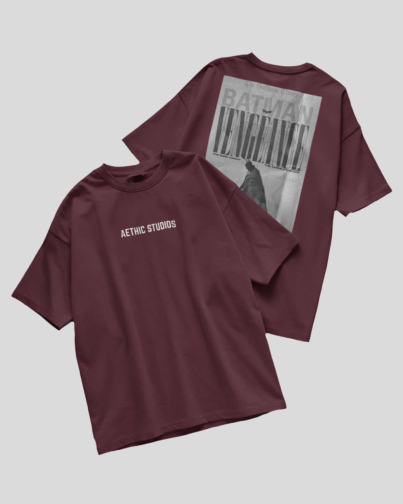 Maroon t-shirt with 'Aethic Studios' text on a light gray background
