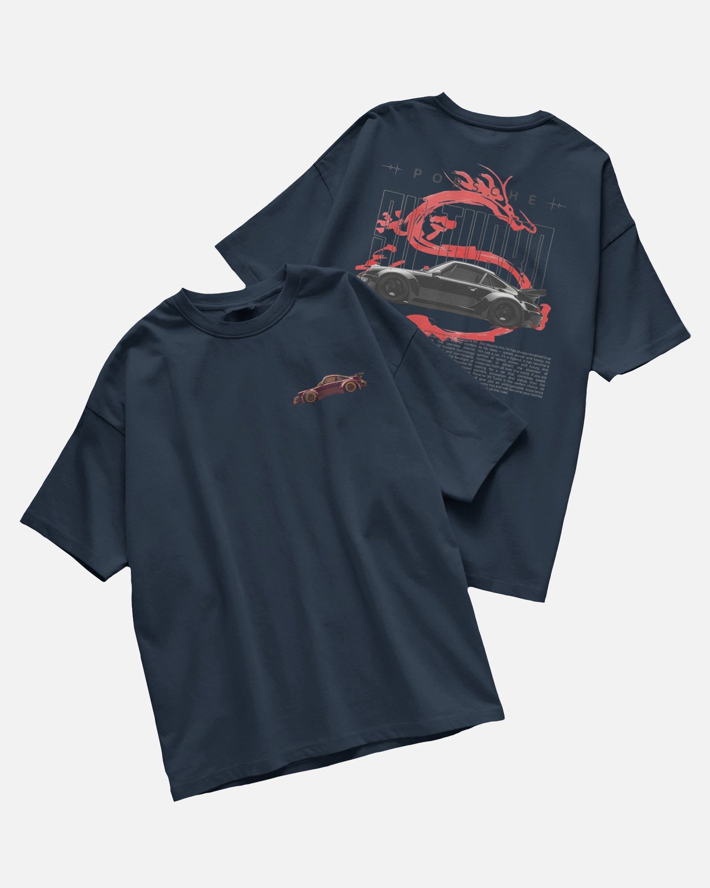 Colour_Navyblue t-shirt with red graphic design on a light gray background