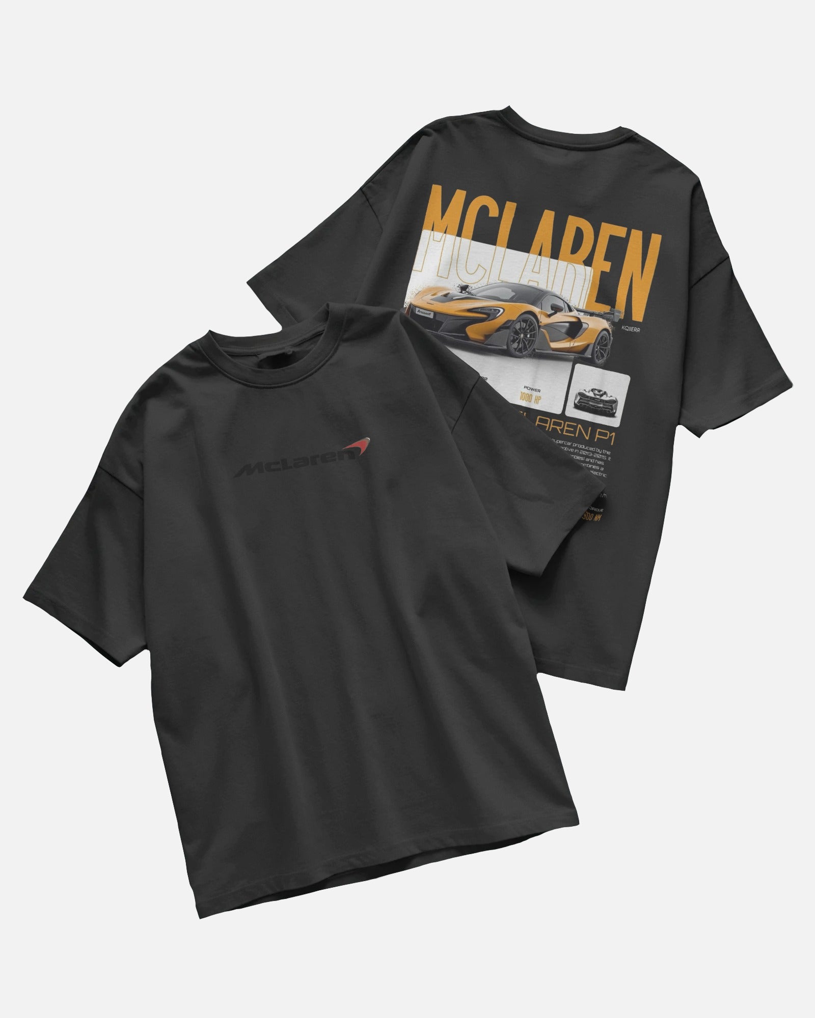 Colour_Black McLaren t-shirt with front and back designs on a light gray background