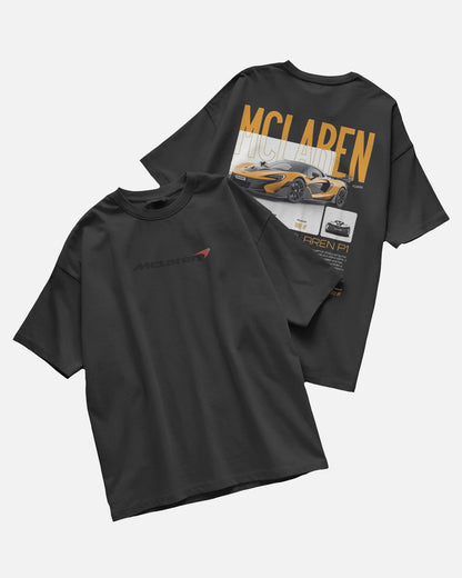 Colour_Black McLaren t-shirt with front and back designs on a light gray background
