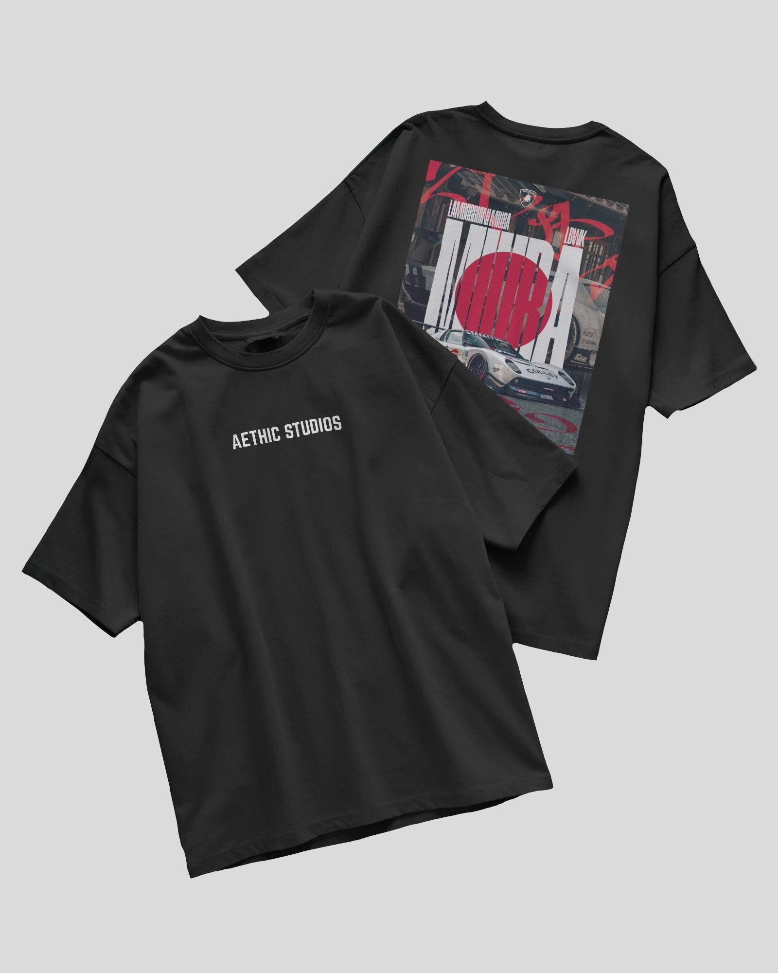 Black t-shirt with 'Aethic Studios' branding on front and graphic design on back against a gray background