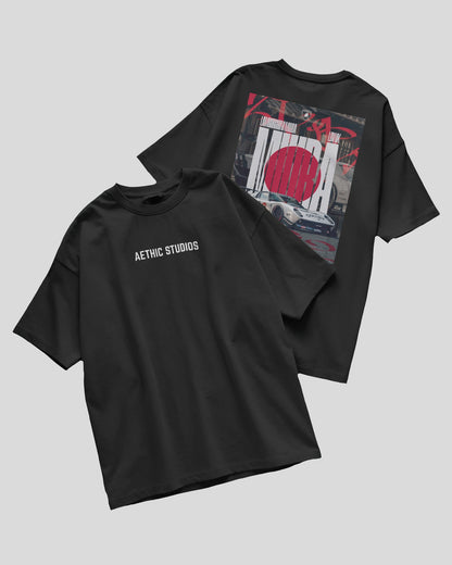 Black t-shirt with 'Aethic Studios' branding on front and graphic design on back against a gray background