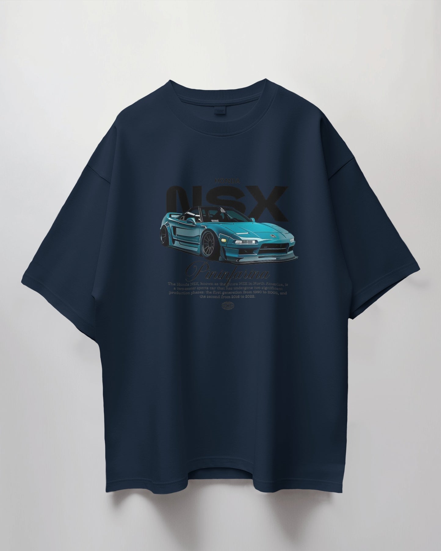 Navy blue t-shirt with car graphic and 'NSX' text on a light gray background