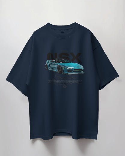 Navy blue t-shirt with car graphic and 'NSX' text on a light gray background