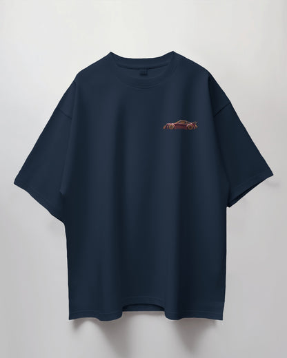 Colour_Navyblue t-shirt with a small brown logo on a light gray background