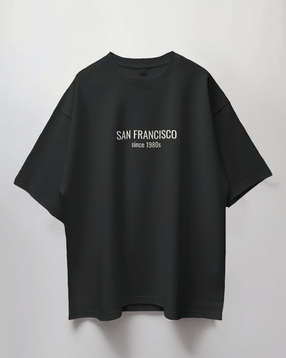 Black t-shirt with 'San Francisco since 1980s' text on a light gray background