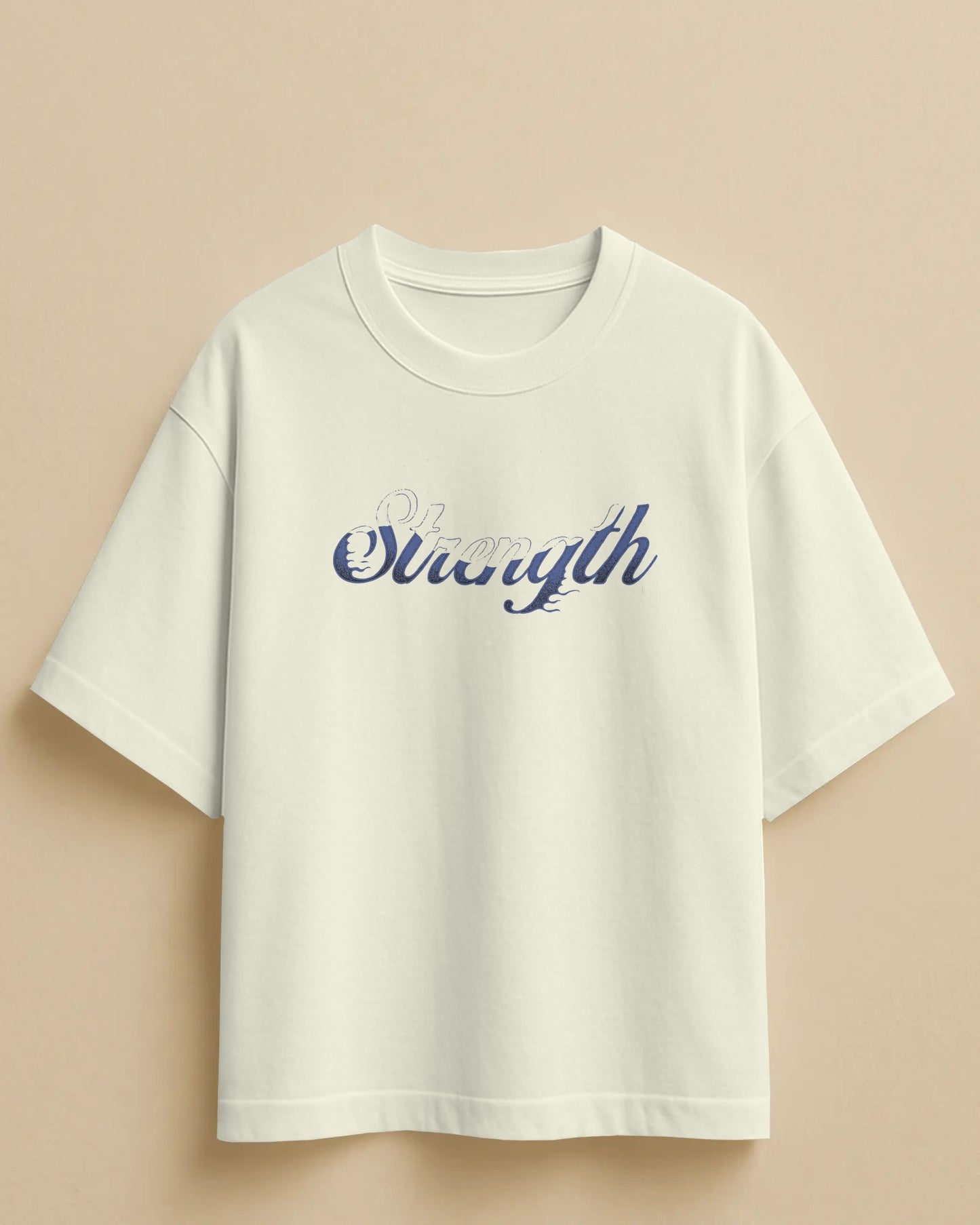 White t-shirt with blue text on a beige background