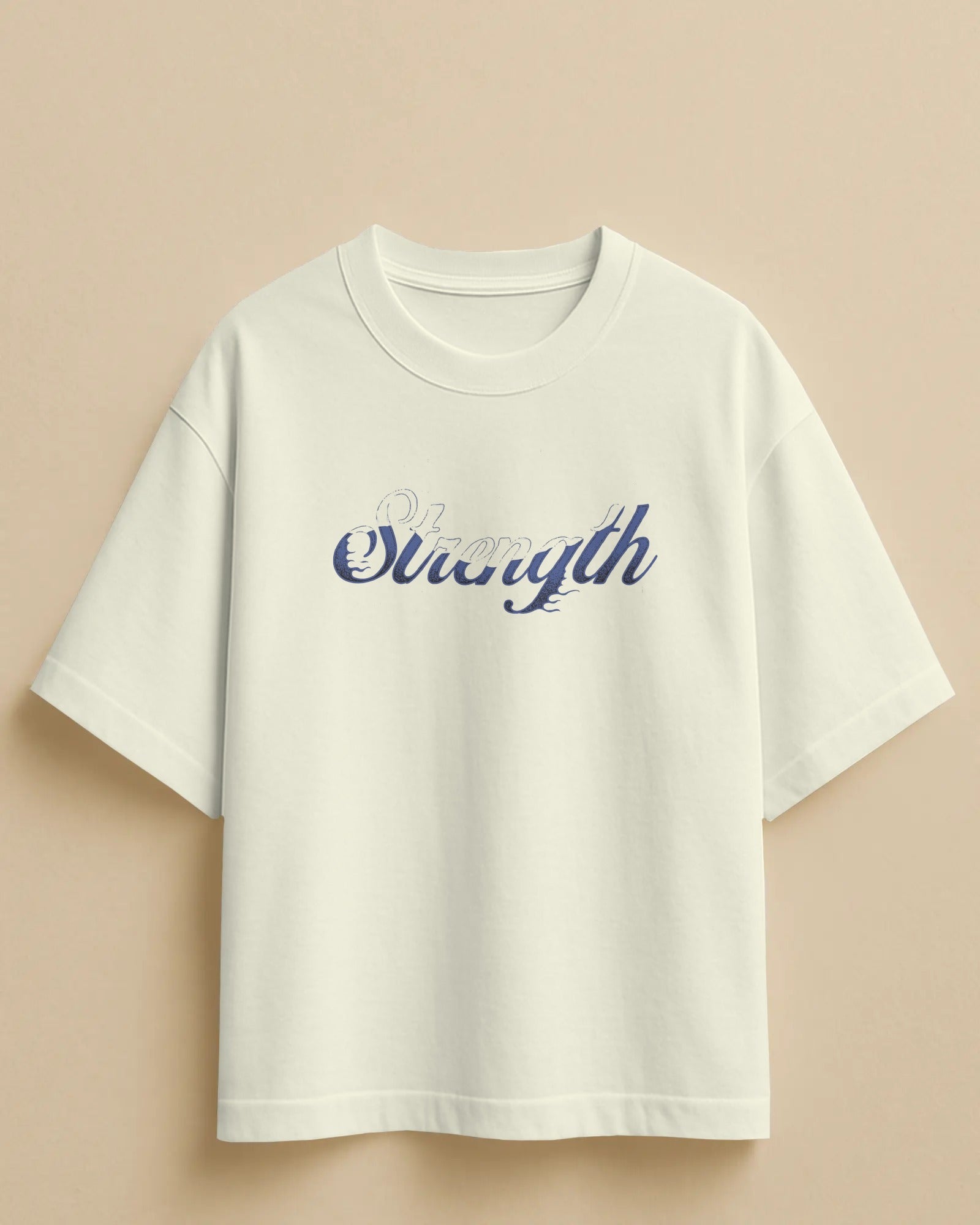 White t-shirt with blue text on a beige background
