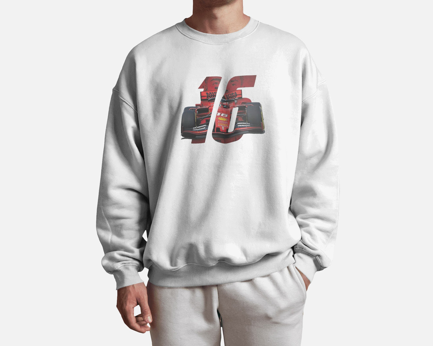 male model wearing white racing graphic sweatshirt with bold F1 car design – Aethic Apparels streetwear