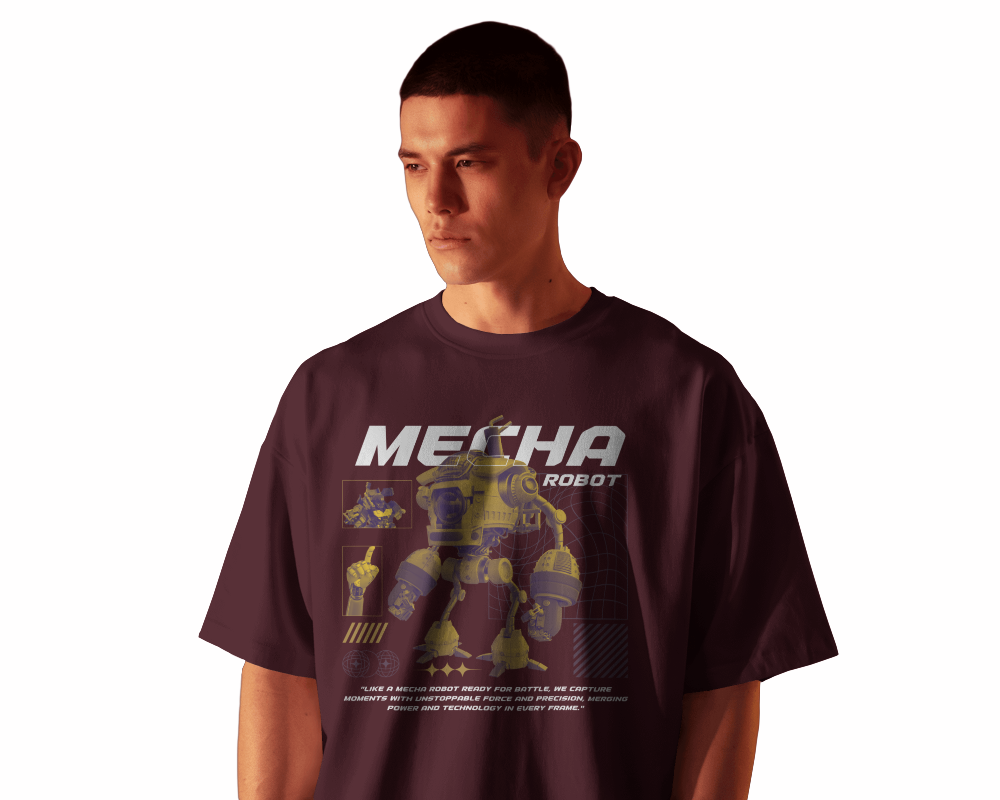 Man wearing aMaroon t-shirt with 'Mecha Robot' graphic design on a white background