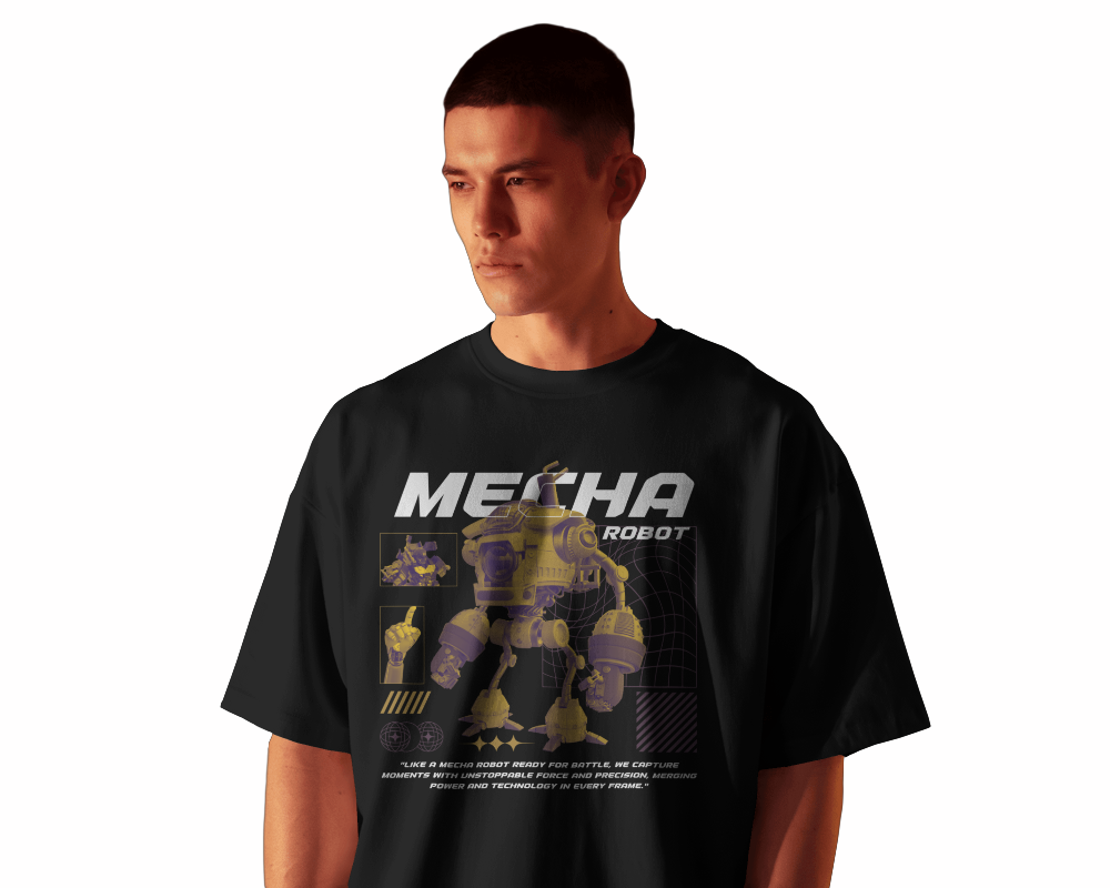 Person wearing a black t-shirt with 'Mecha Robot' graphic design on a white background