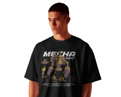 Person wearing a black t-shirt with 'Mecha Robot' graphic design on a white background