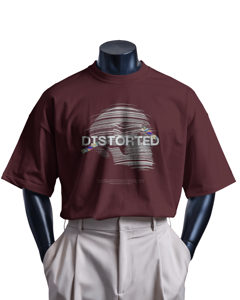 Maroon t-shirt with graphic design and 'DISTORTED' text on a mannequin against a white background