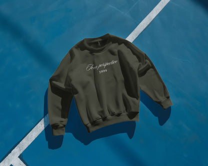 Black sweatshirt with text on a blue background