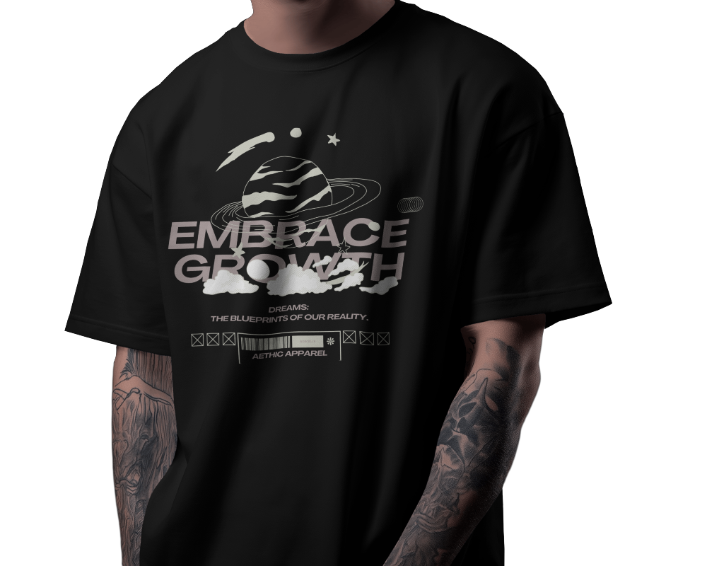 Black t-shirt with 'Embrace Growth' graphic design on a white background