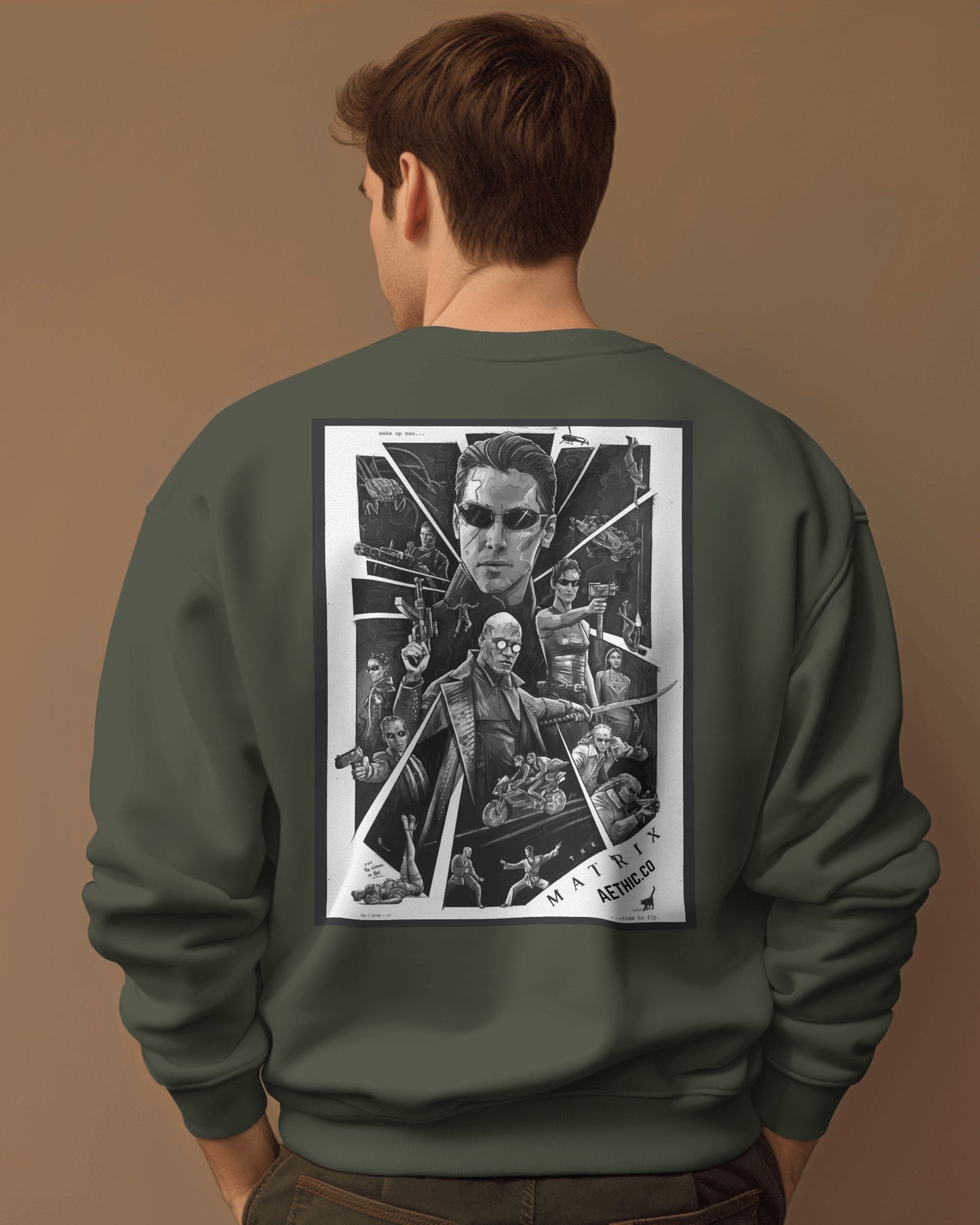 Matrix graphic print sweatshirt in dark green by Aethic Apparels, made with 100% cotton fleece and unisex regular fit