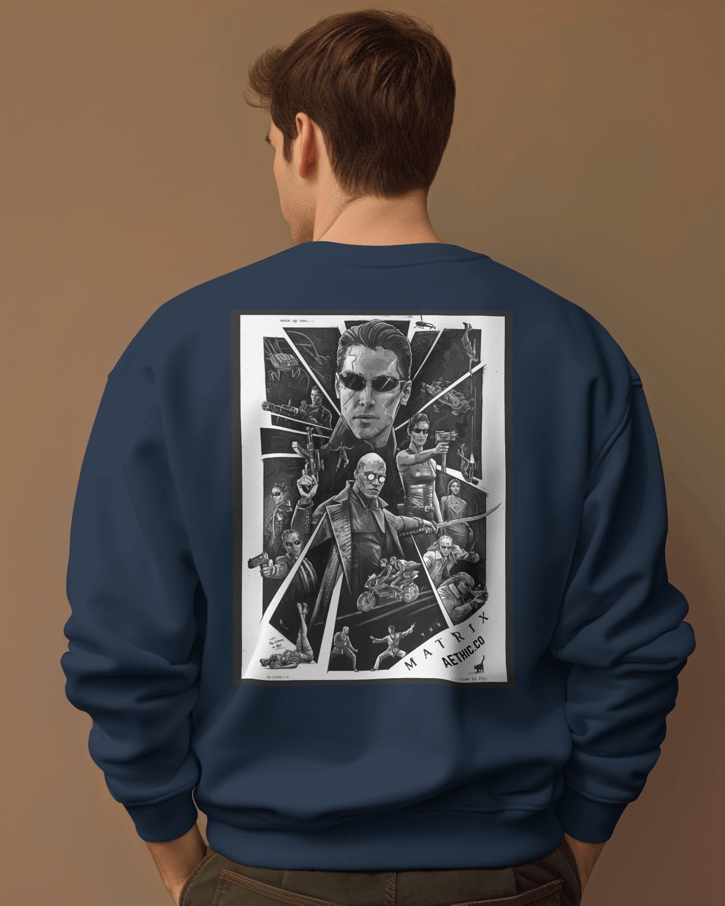Matrix graphic print sweatshirt in dark blue by Aethic Apparels, made with 100% cotton fleece and unisex regular fit