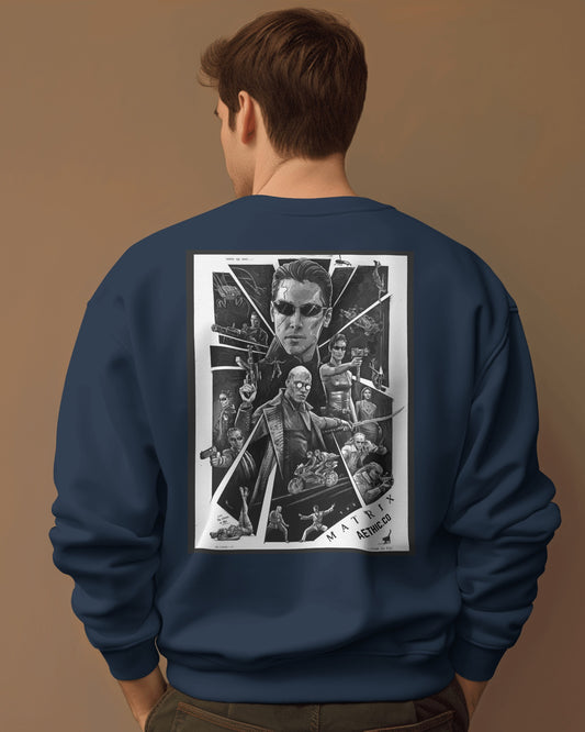 Matrix graphic print sweatshirt in dark blue by Aethic Apparels, made with 100% cotton fleece and unisex regular fit