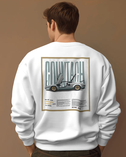 Back view of white sweatshirt featuring Lamborghini Countach vintage car print
