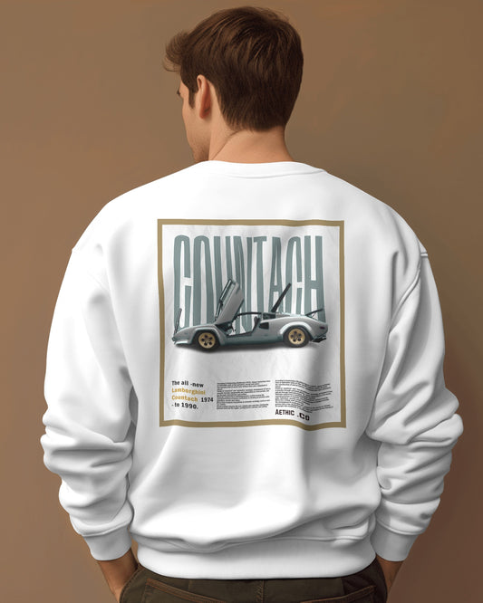 Back view of white sweatshirt featuring Lamborghini Countach vintage car print